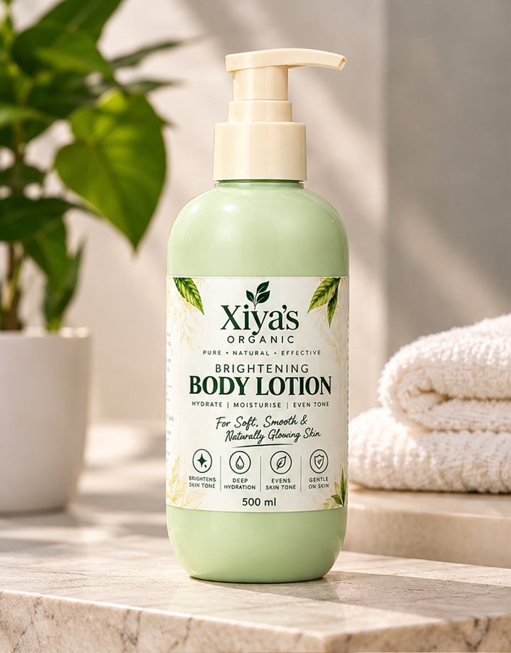 Xiya's Organic Brightening Body Lotion in a bathroom setting