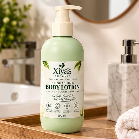 Xiya's Organic Brightening Body Lotion in a bathroom setting