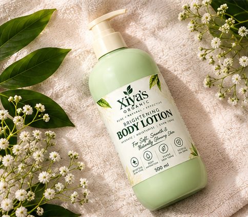 Xiya's Organic Brightening Body Lotion in a bathroom setting
