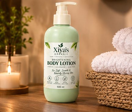 Xiya's Organic Brightening Body Lotion in a bathroom setting