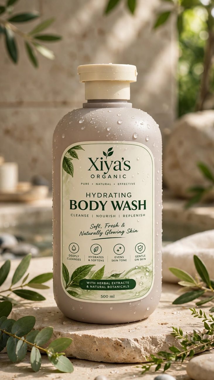 Xiya's Organic Hydrating Body Wash in a natural setting