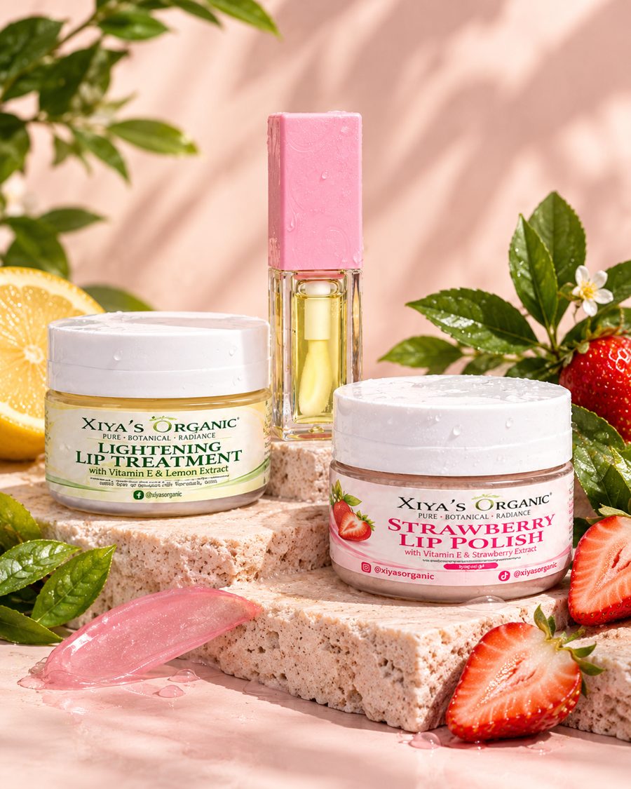 Xiya's Organic Lip Care Package with lip polish scrub, lip treatment and lip oil in a natural setting